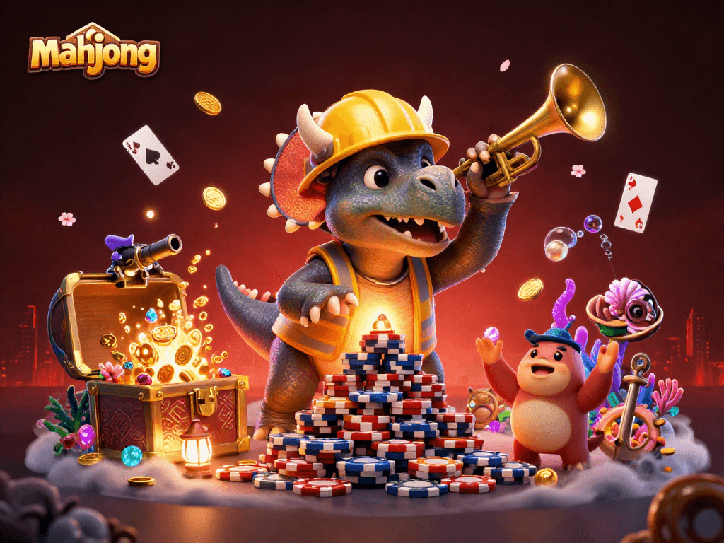 Enjoy mahjong action with vibrant characters celebrating in a packed casino scene.