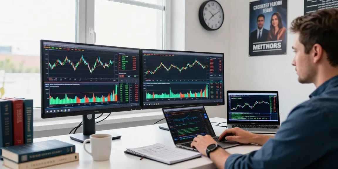 Trader using MetaTrader 4 for forex analysis and automated trading in a professional setup.
