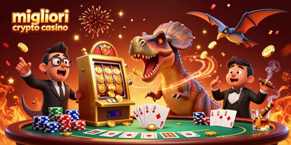 I migliori crypto casino animano l'azione con dinosauri e giochi vivaci, creando un'atmosfera entusiasta.