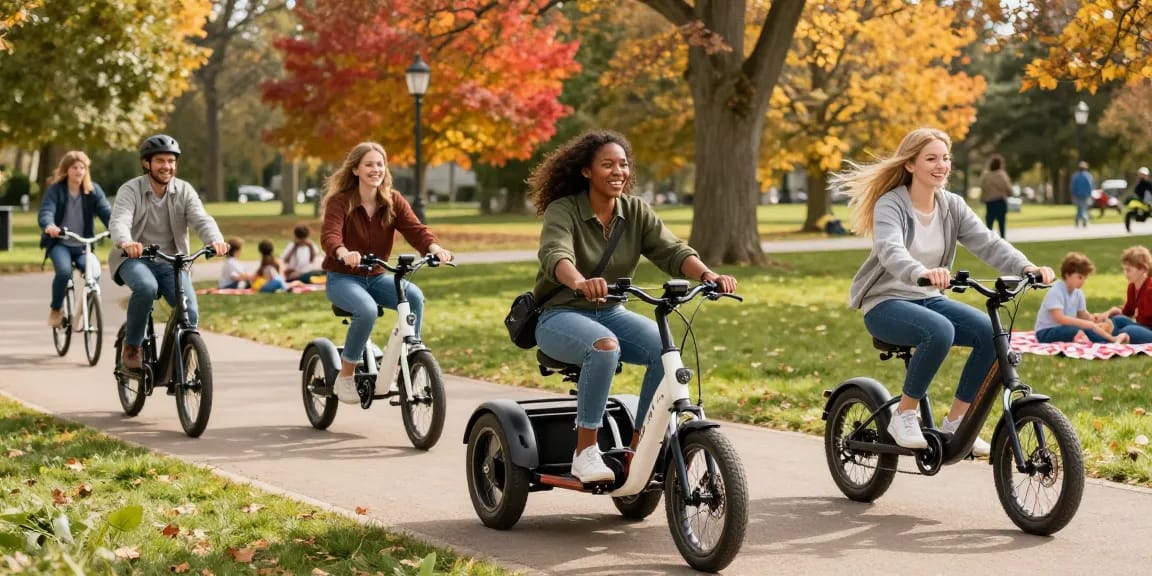 Joyful scene of riders on best electric tricycles in a park, highlighting freedom and community.