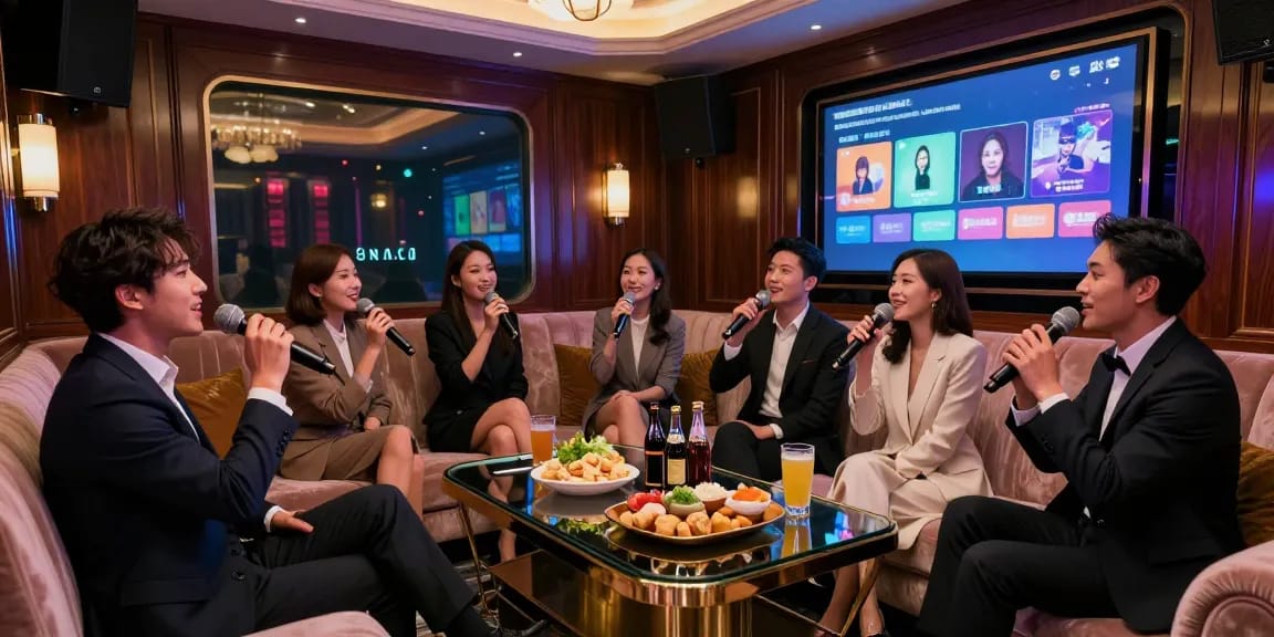강남가라오케의 고급스러운 실내에서 친구들과 즐기는 분위기