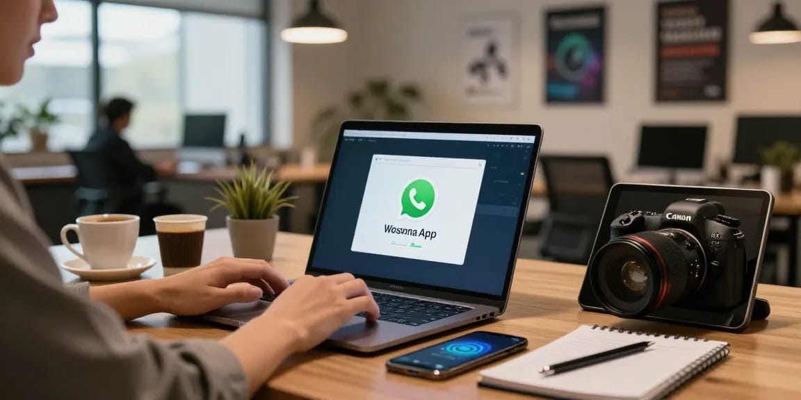 Experience WhatsApp下載 on modern devices in a vibrant tech workspace.