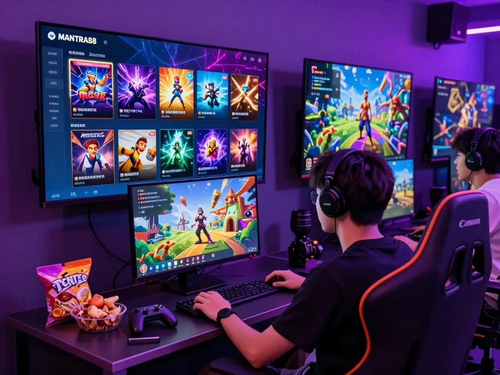 Engaging MANTRA88 login experience with vibrant neon game graphics and community interaction.