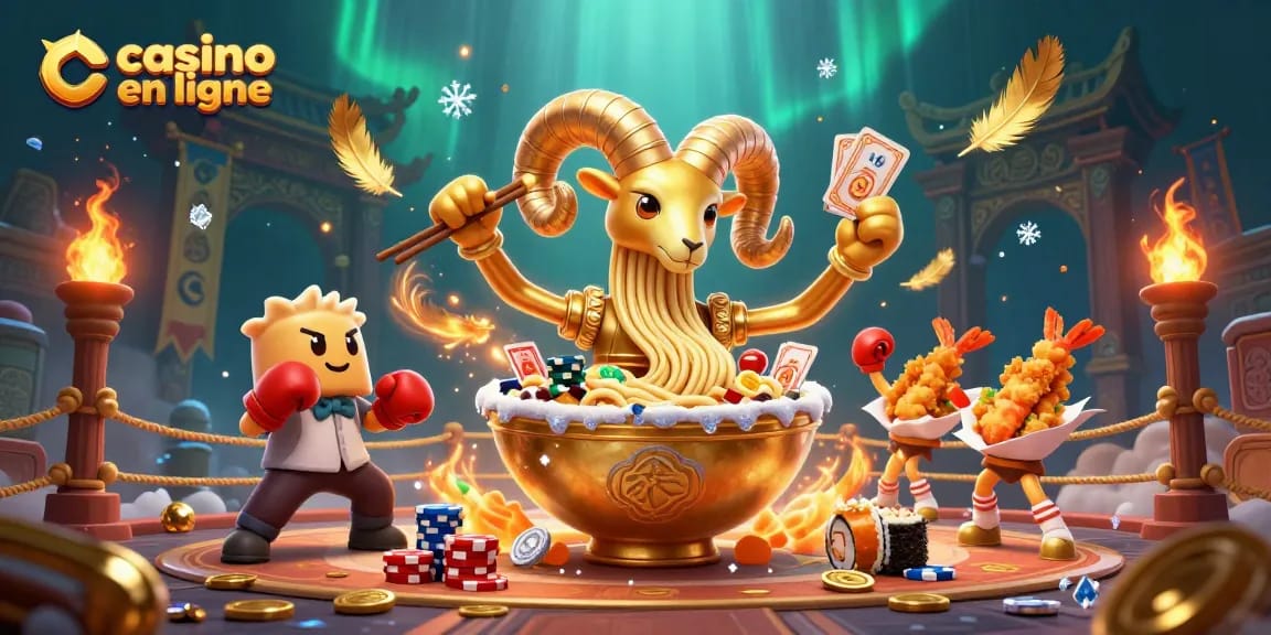 Jouez au casino en ligne avec une illustration dynamique montrant un bol de ramen géant et ses amis dans une arène.