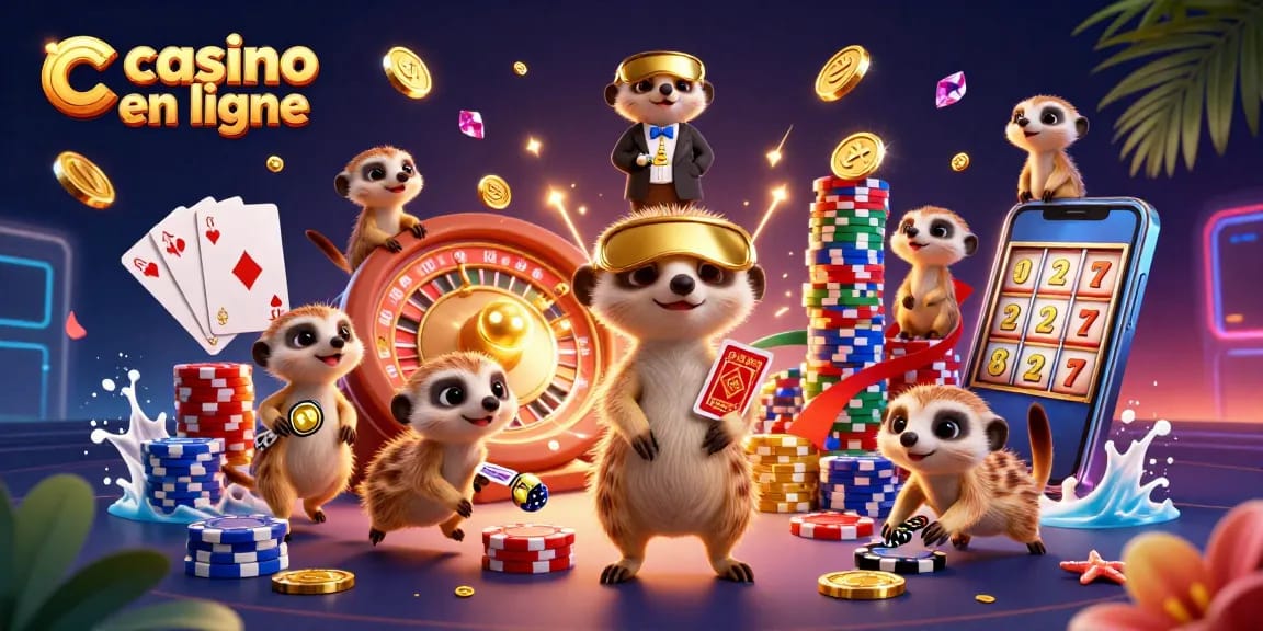 Les meerkats gèrent un casino en ligne avec des scènes de jeux animées et des jetons étincelants.