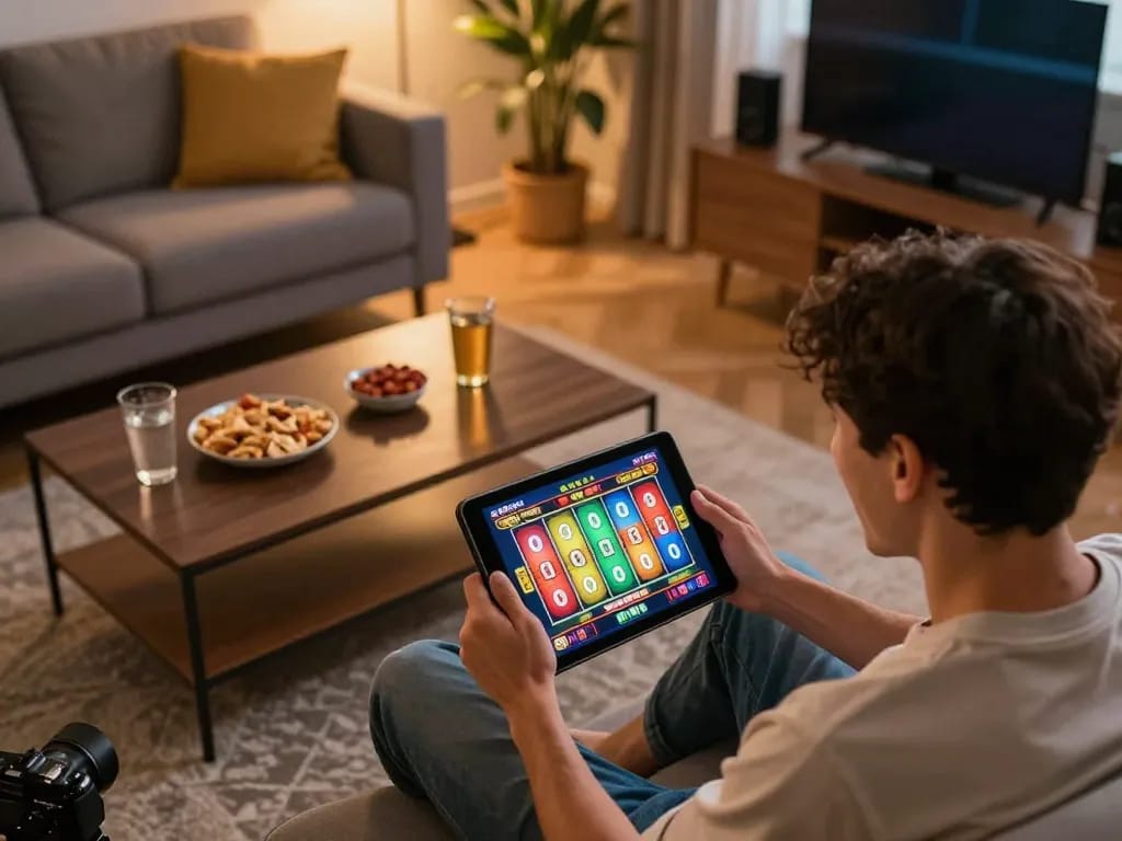 Engaging online gameplay with a slot bonus 100 displayed on tablet, celebrating a big win in a cozy home setting.
