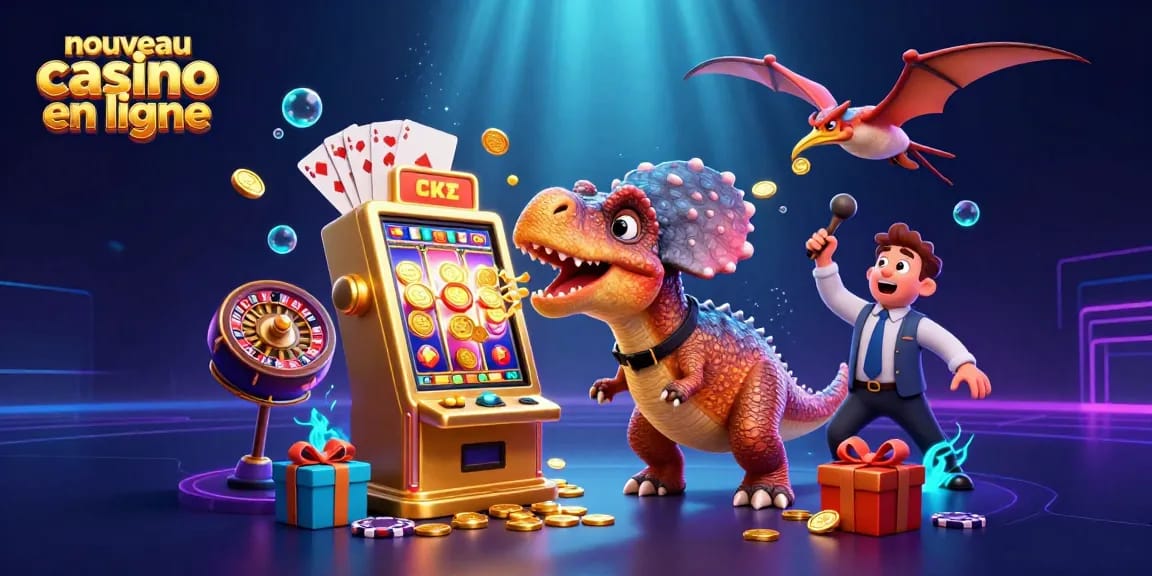 Visuel dynamique d'un nouveau casino en ligne avec des personnages préhistoriques jouant aux machines à sous et célébrant des gains.