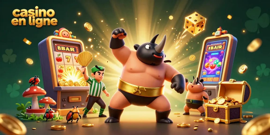 Illustration d'un combat de sumo avec un rhinocéros et des éléments de casino en ligne, des pièces d'or volent autour.