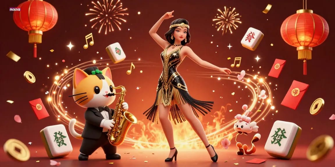 Experience excitement with motchill as a stunning woman dances alongside a playful cat in a vibrant casino scene.