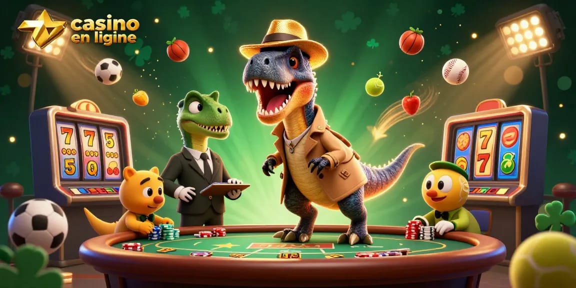 Un velociraptor discrètement en train de compter les cartes au casino en ligne, entouré de jeux de machines à sous et d'effets festifs.