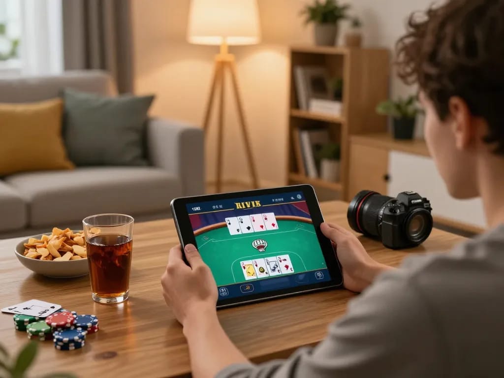 Play poker online at home via king33's tablet interface in a cozy setting.