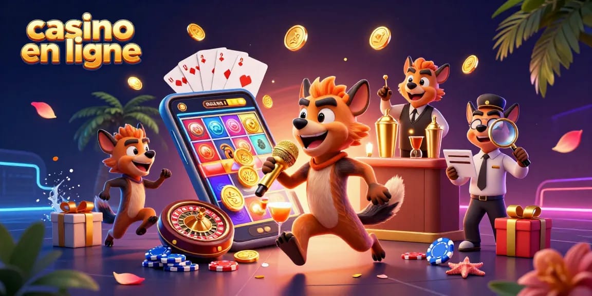 Vivez une expérience captivante de casino en ligne avec une hyène stand-up et des éléments de jeu colorés.