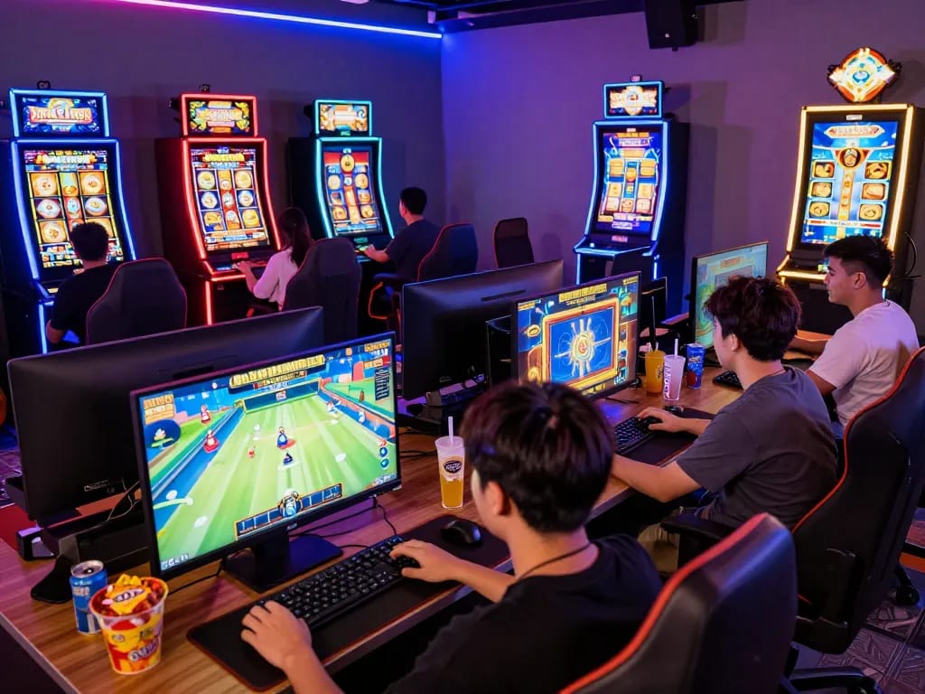 Players engaged in thrilling Autowin88 online gaming, surrounded by vibrant visuals and snacks.