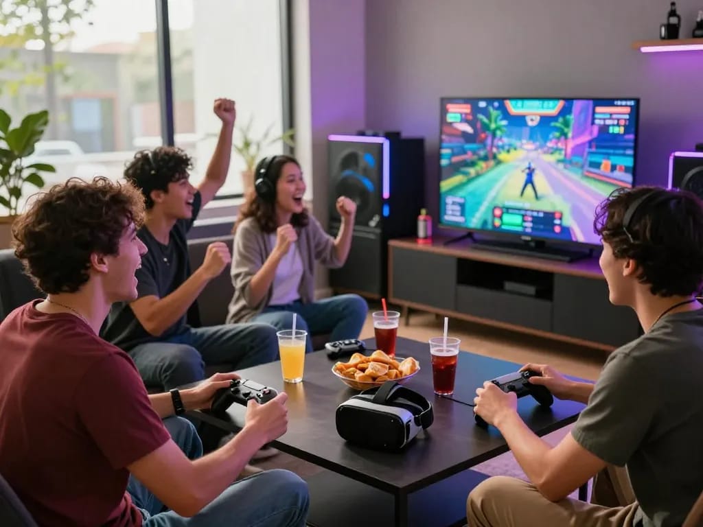 Engaged friends enjoying an exhilarating gaming session on VEGASSLOT77, showcasing vibrant atmosphere and modern gaming setup.