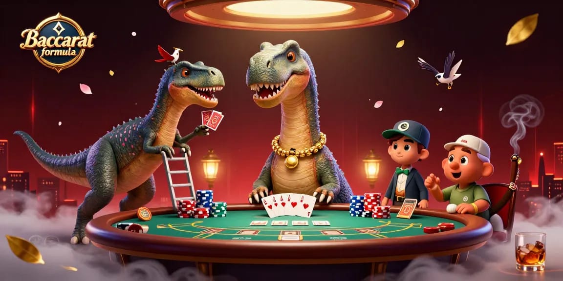 Experience Baccarat formula with vibrant 3D illustration of casino-themed dinosaurs playing cards.