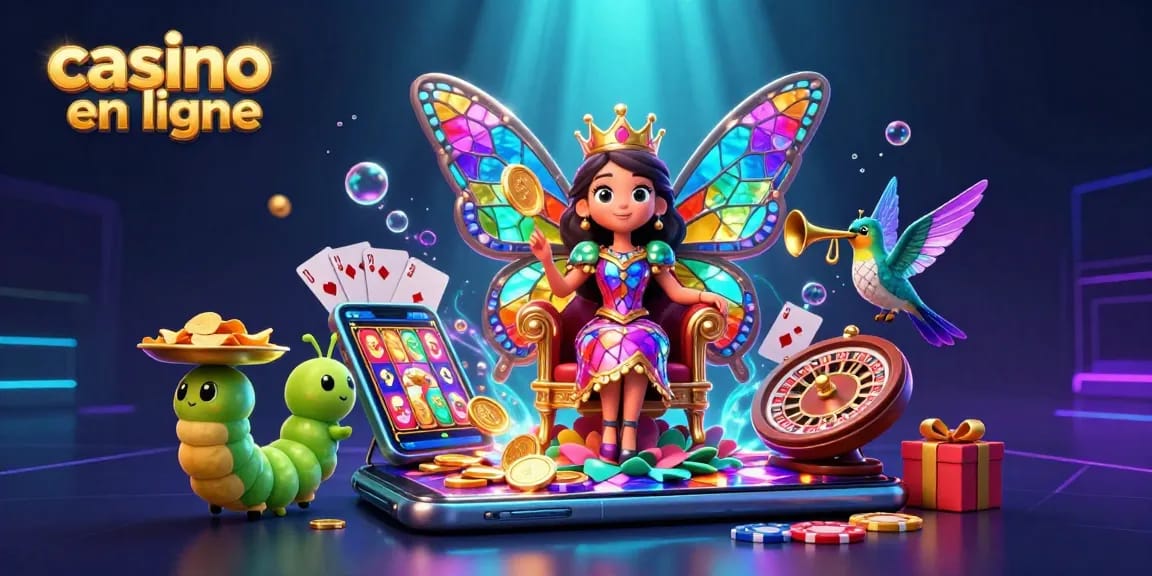 Visualisez l'animation captivante du casino en ligne avec la reine papillon et ses serviteurs, captivant l'attention des joueurs.