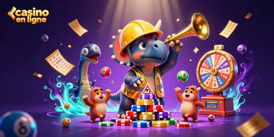 Profitez du divertissement du casino en ligne avec nos personnages célébrants et des éléments de jeu colorés.