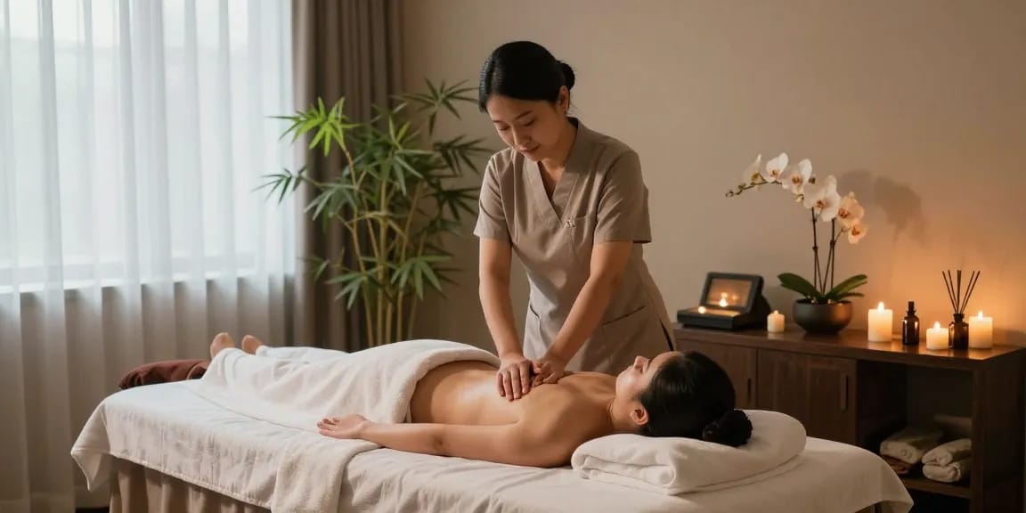 대치동마사지로 편안하게 치료받는 고객과 마사지 치료사
