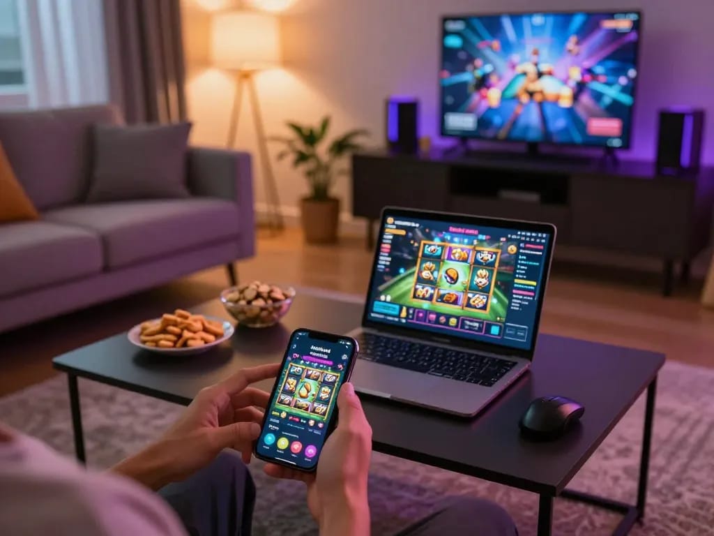Engage with slot thailand app on a smartphone in a cozy online gaming setup.