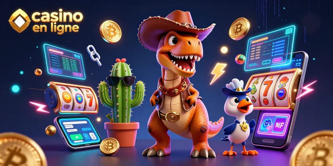 Découvrez le casino en ligne dynamique avec un T-Rex, cactus et roadrunner sous un éclairage futuriste.