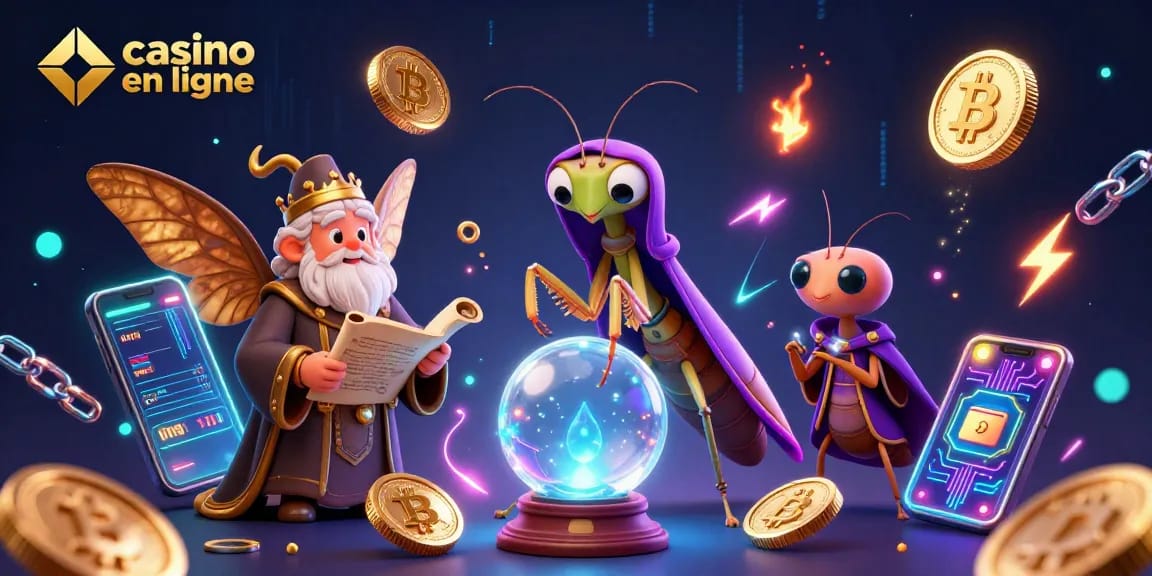 Gagnez avec casino en ligne grâce à une illustration dynamique de personnages et de crypto-monnaies.