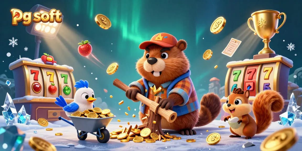 Experience thrilling wins with pg soft in a vibrant casino scene featuring cartoon characters and slot elements.