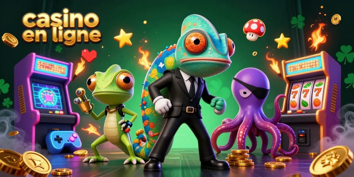 Plongez dans le monde du casino en ligne avec un caméléon agent secret et des gadgets dorés, entourés de machines à sous colorées.