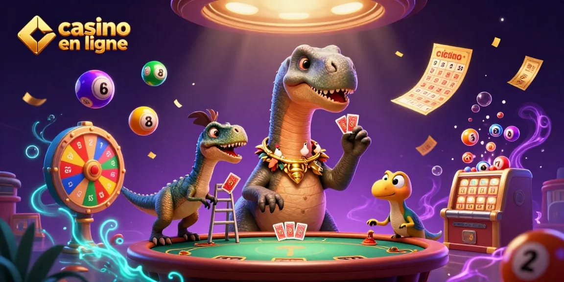 Jouez aux jeux passionnants de casino en ligne avec une illustration dynamique de brontosaurus et raptor.
