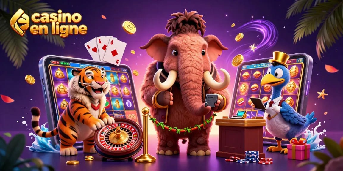 Vérifiez les identités au casino en ligne avec un mammouth et un tigre VIP stylé.