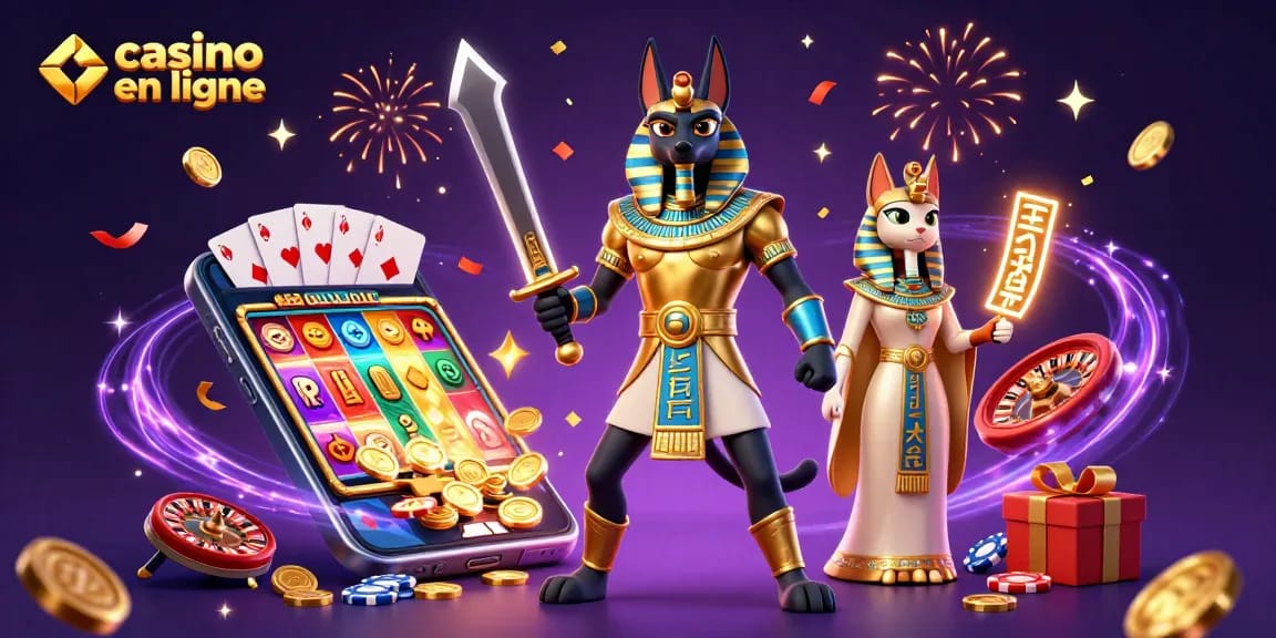 Jouez au casino en ligne avec Anubis et Bastet entourés de jeux et de pièces d'or