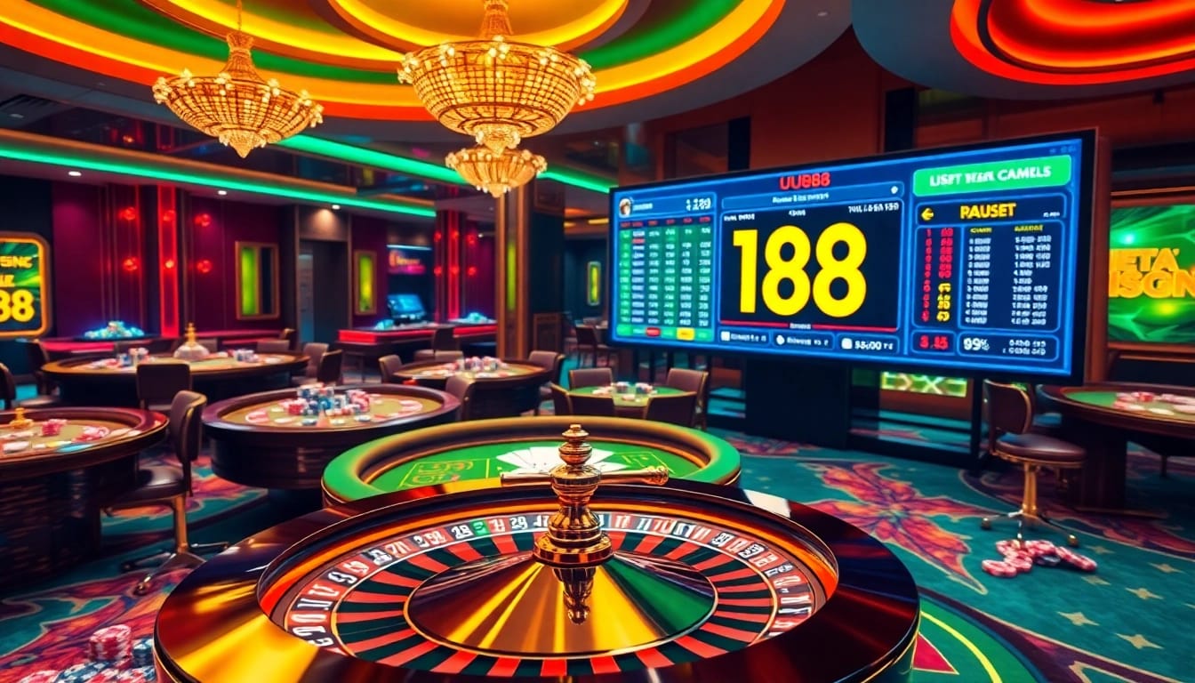 UU88 casino table with vibrant poker chips and cards enhancing the gambling experience.