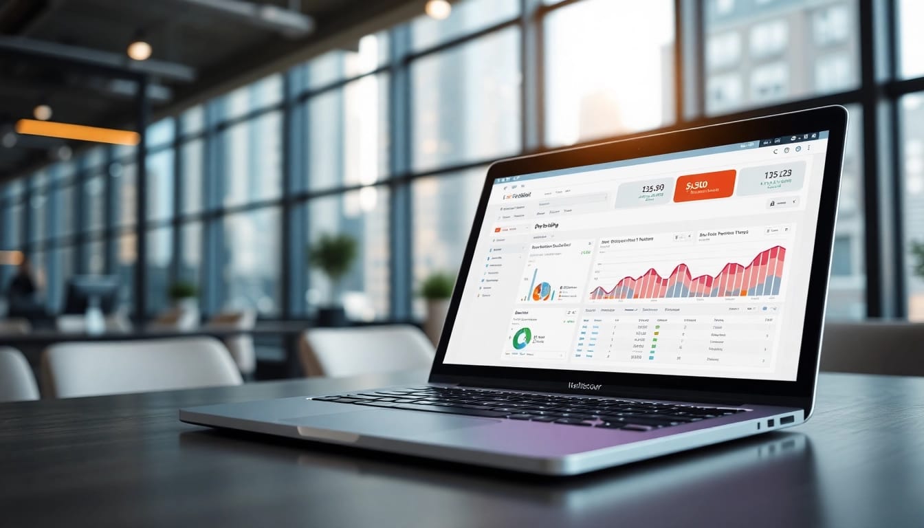 Visual representation of a sleek SEO Rank Tracker on a laptop, showcasing vibrant analytics in a professional setting.