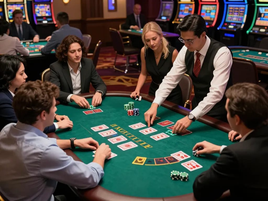 Players strategizing at blackjack table, experiencing a thrilling bk8 gaming atmosphere with vibrant cards and chips.