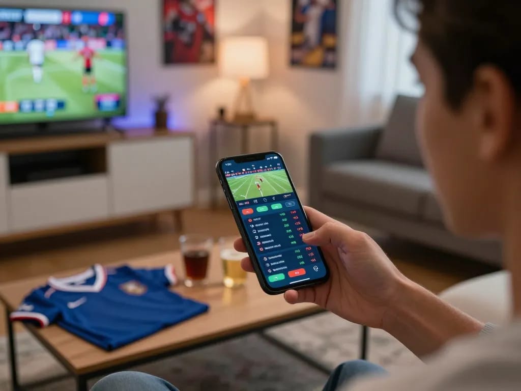 Place bets strategically with nhà cái 8xbet on your smartphone in a lively home setting.