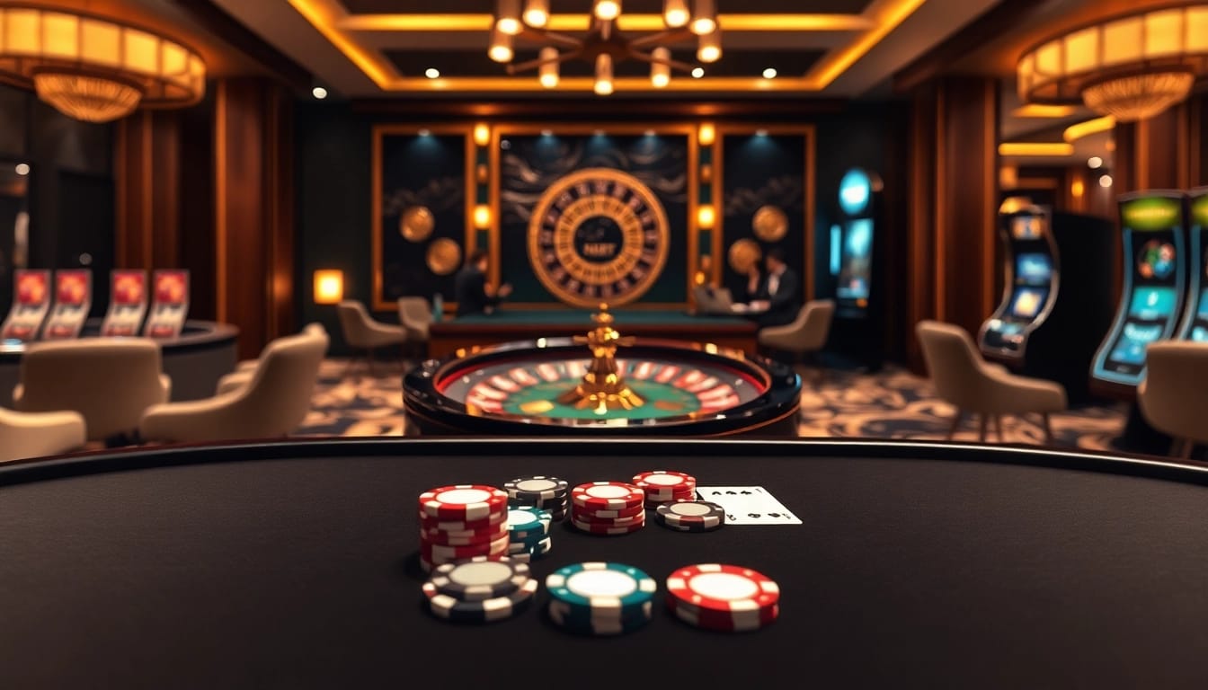 Engaged players at a luxurious casino table representing https://lc88m.com/ with vibrant cards and chips.