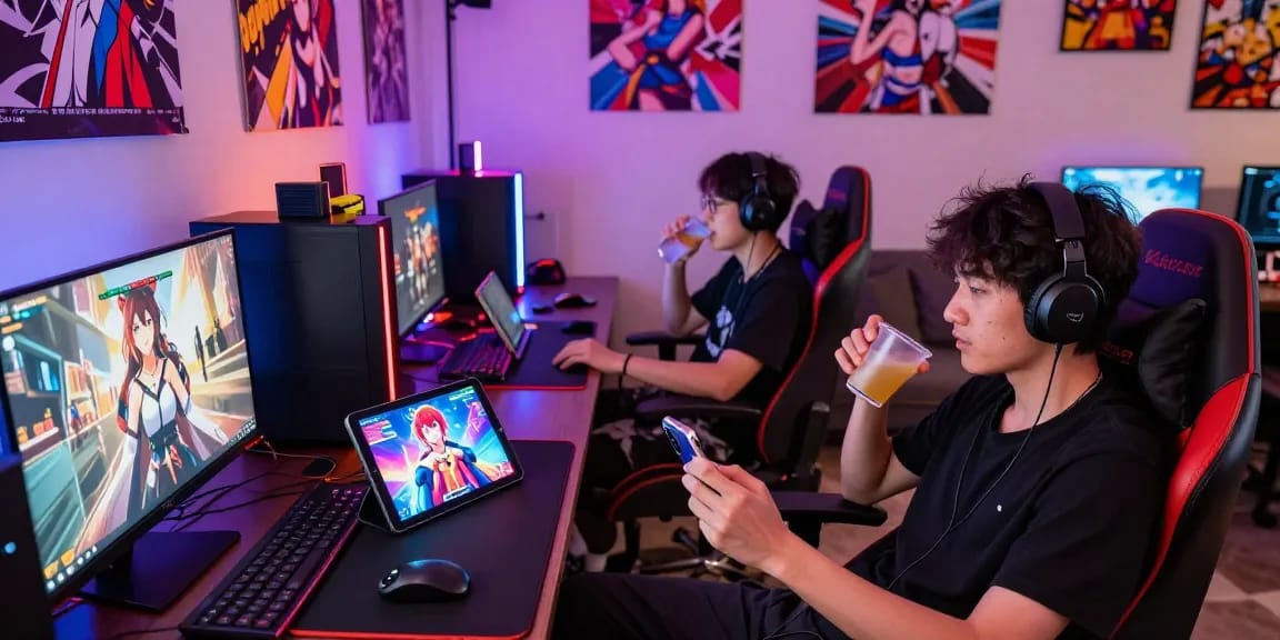 Engaged gamers enjoying immersive hentai game experiences in a colorful gaming lounge.