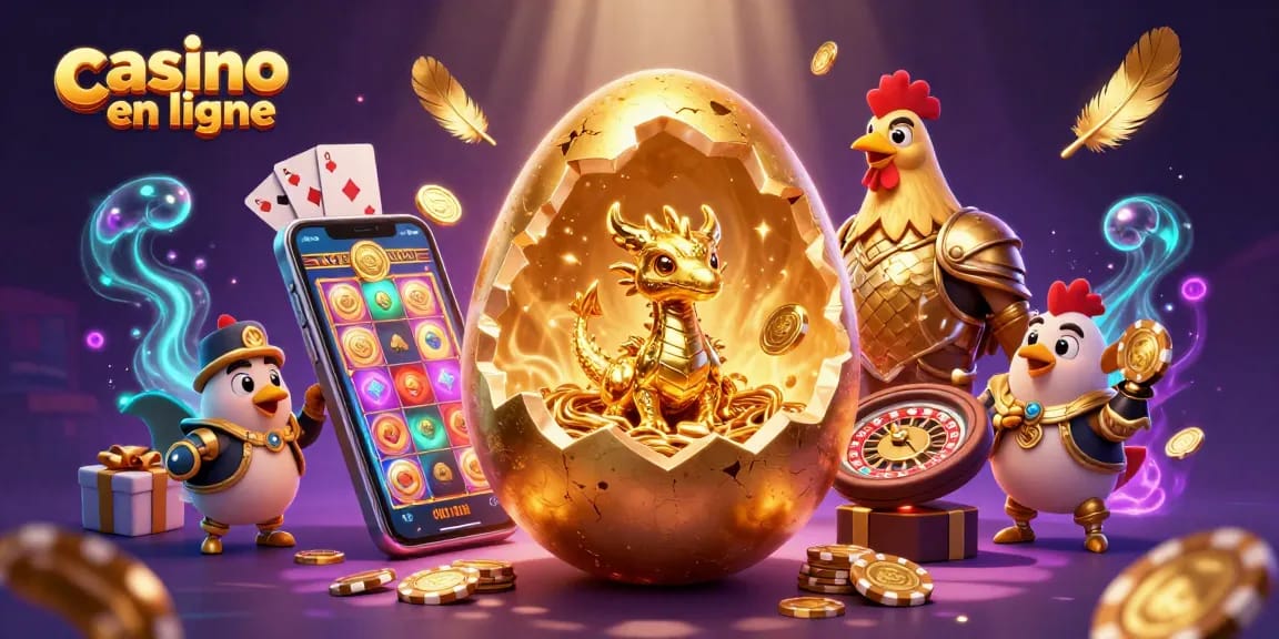 Un vibrant casino en ligne, avec un dragon doré et des jeux de casino animés.