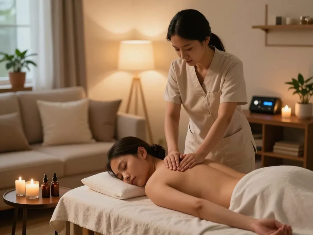 Relaxing home massage session with a therapist and client at https://www.maxim-anma.net, highlighting wellness and comfort.