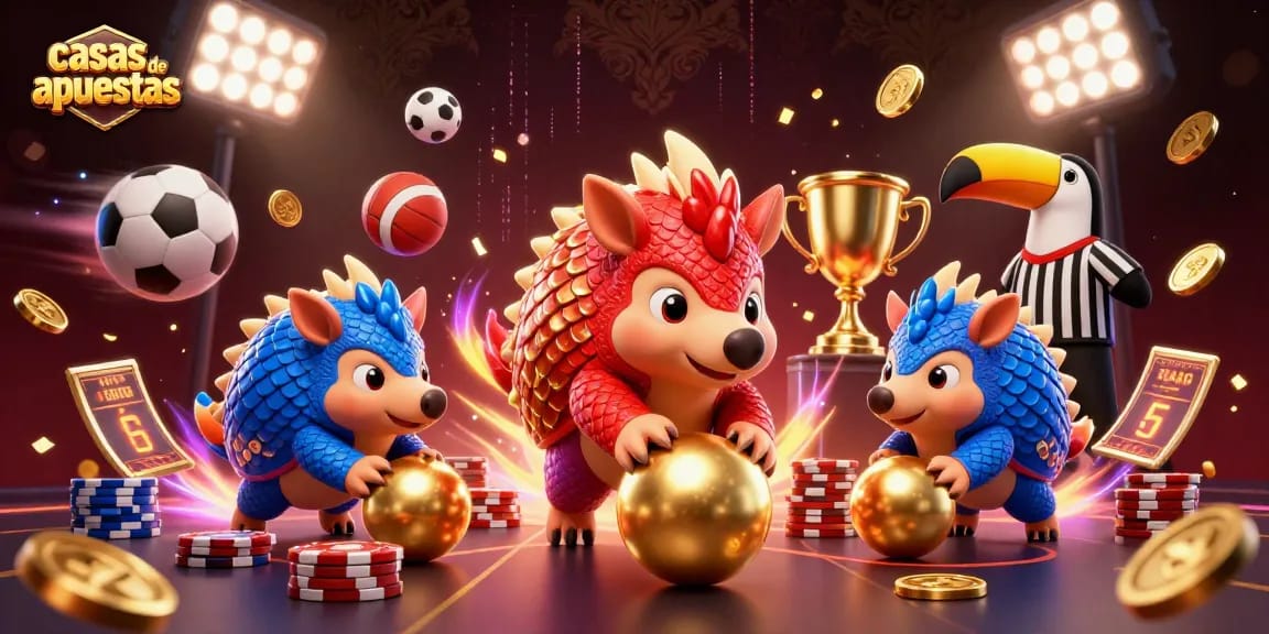 Animados pangolines en pelea en casas de apuestas, rodeados de elementos deportivos y confetti dorado