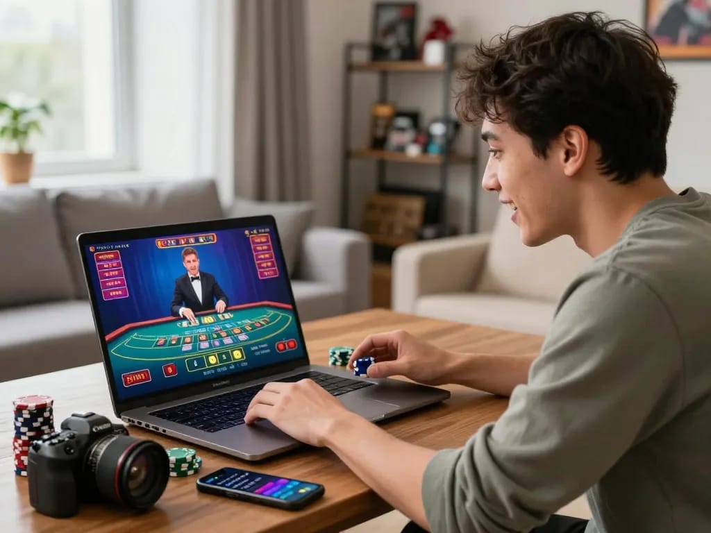 Engaged player enjoying a live baccarat game on a laptop from home, showcasing the excitement of 바카라사이트.