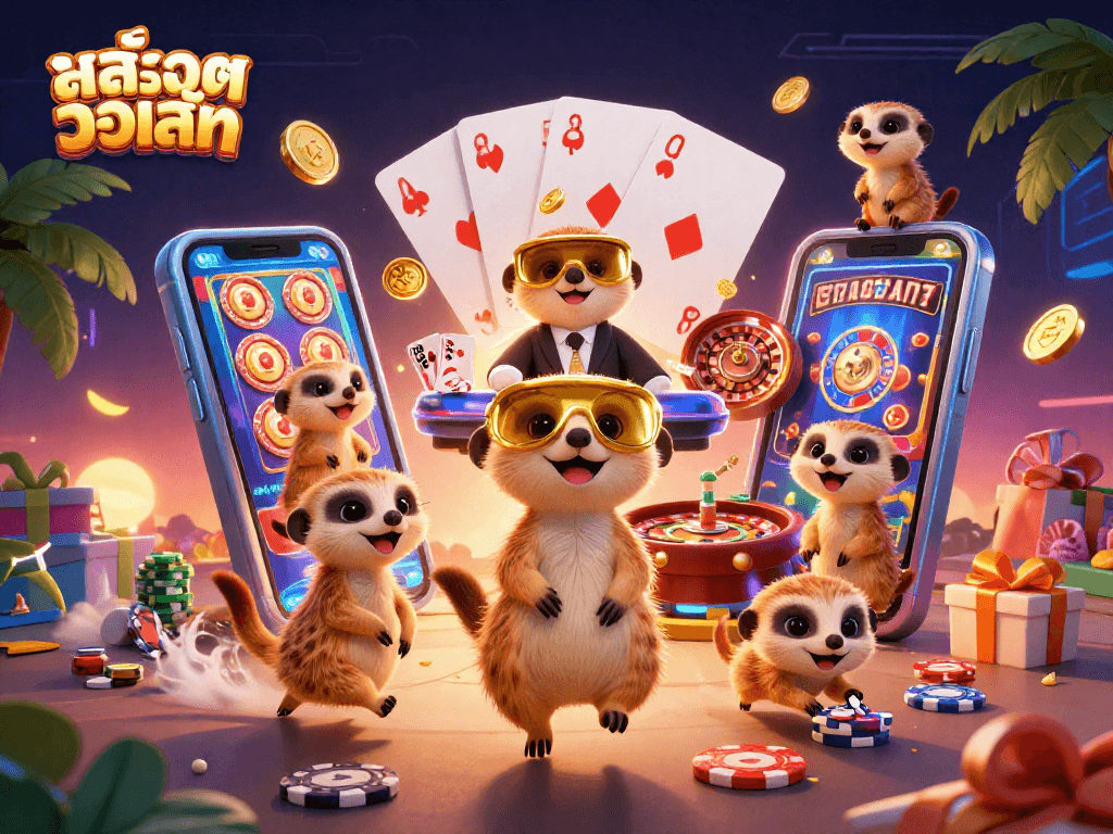 Experience thrilling สล็อตวอเลท action with meerkats in a vibrant casino scene, featuring exciting games and dynamic characters.