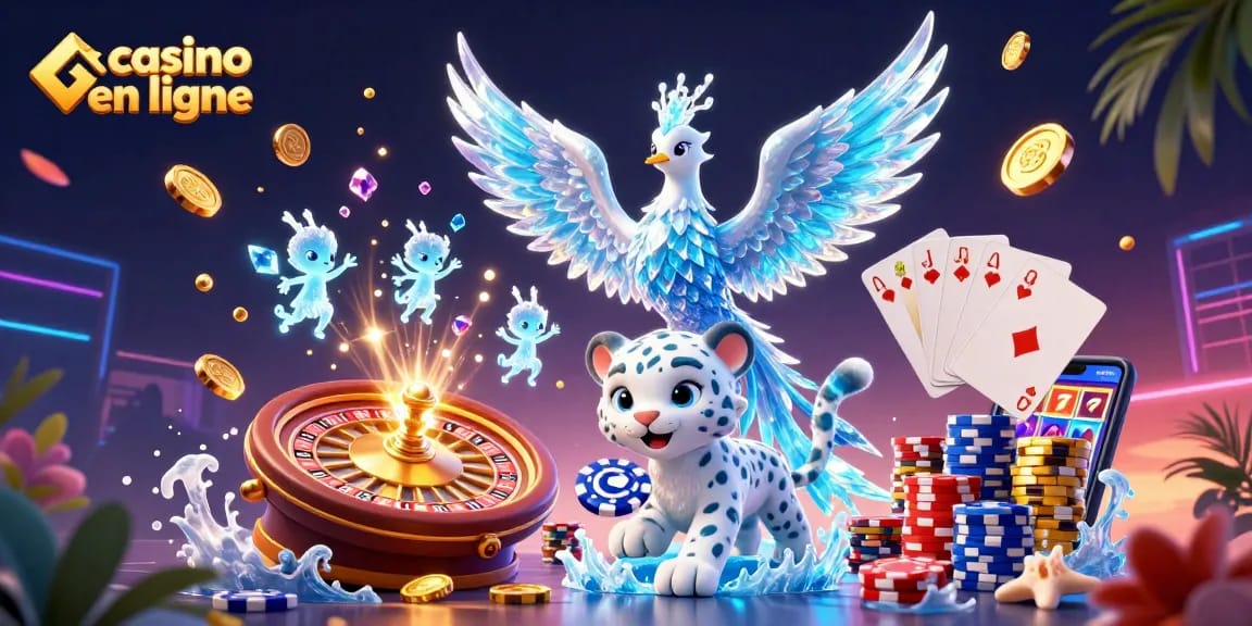 Jouez sur un casino en ligne avec une illustration captivante de personnages de jeux et de jets de lumière.
