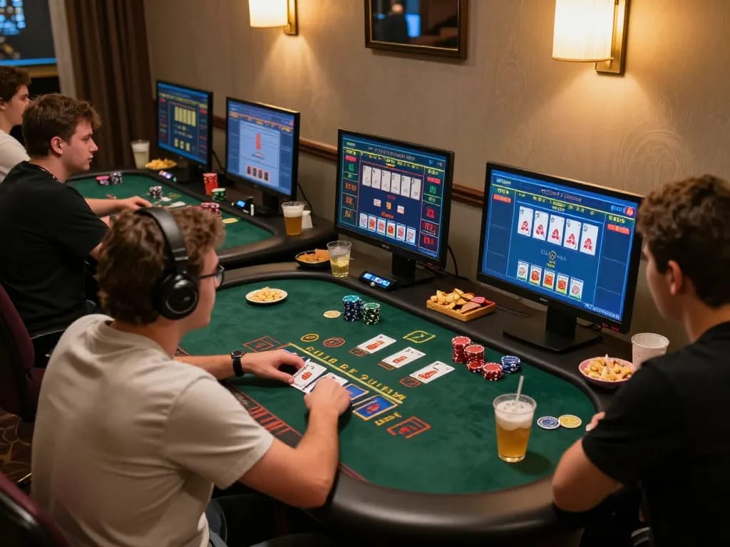 Players strategizing in an online casino while using blackjack tactics at 88i for better odds.