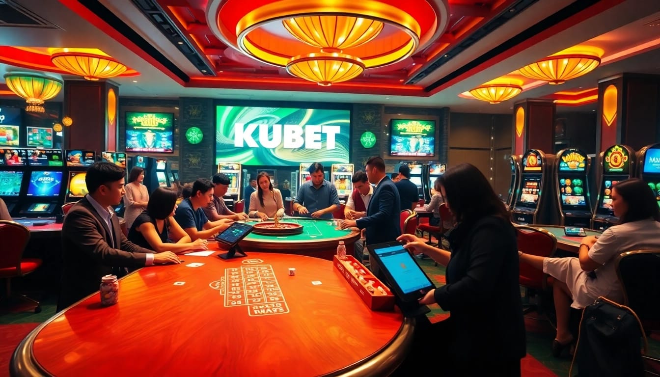Kubet online casino atmosphere with players engaged at luxurious gaming tables, highlighting excitement and trust.