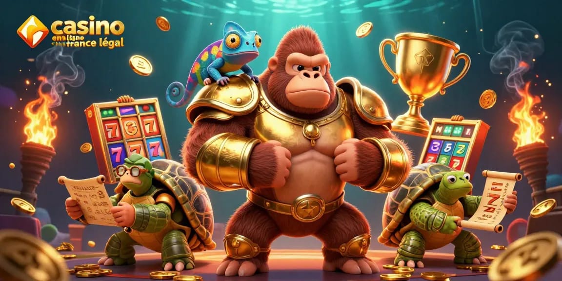 Jouer sur un site de casino en ligne France légal avec des jeux de machine à sous et un roi gorille puissant.