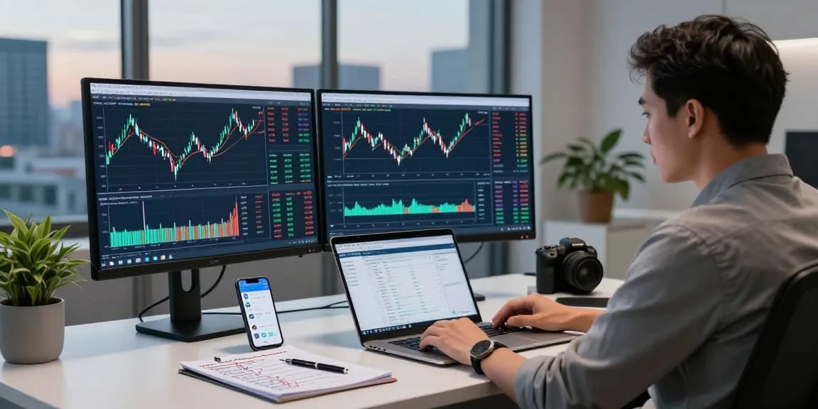 Trader analyzing mt5 live market data in a modern workspace with dual monitors.