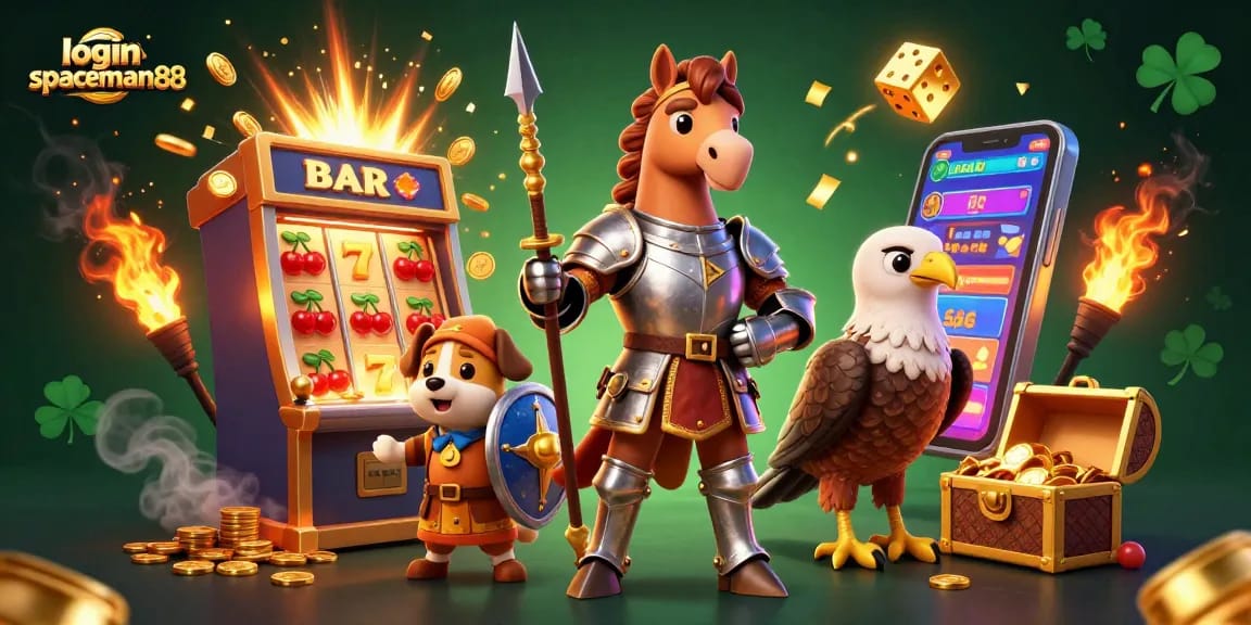 Spin the reels and win big with login spaceman88 featuring a knight and puppy in an exciting casino scene.