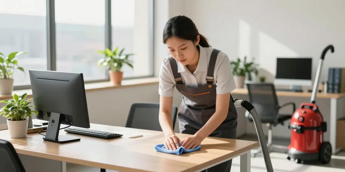 Büroreinigung durch professionelle Reinigungskraft in einem modernen Büro mit nachhaltigen Reinigungsmitteln und organisierten Arbeitsbereichen.