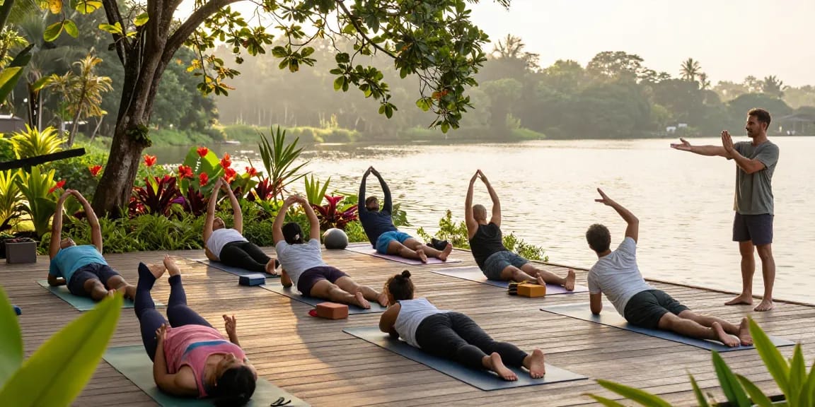 Engaged students learning during yoga alliance certified training Sri Lanka by the serene Koggala Lake.