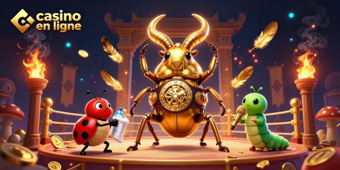 Vivez l'excitation du casino en ligne avec ce combat dynamique entre un scarabée doré et des éléments de jeu captivants.